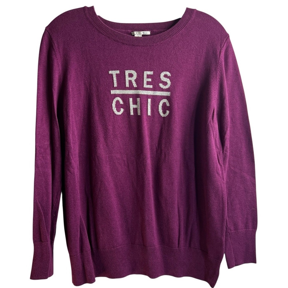 HALOGEN Pullover Sweater XL P Plum Purple Tres Chic Graphic Crew Neck Graphic